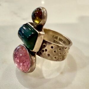 Silver Ring with Green, Pink, and Yellow Tourmaline Stones Size 6 (see pics)